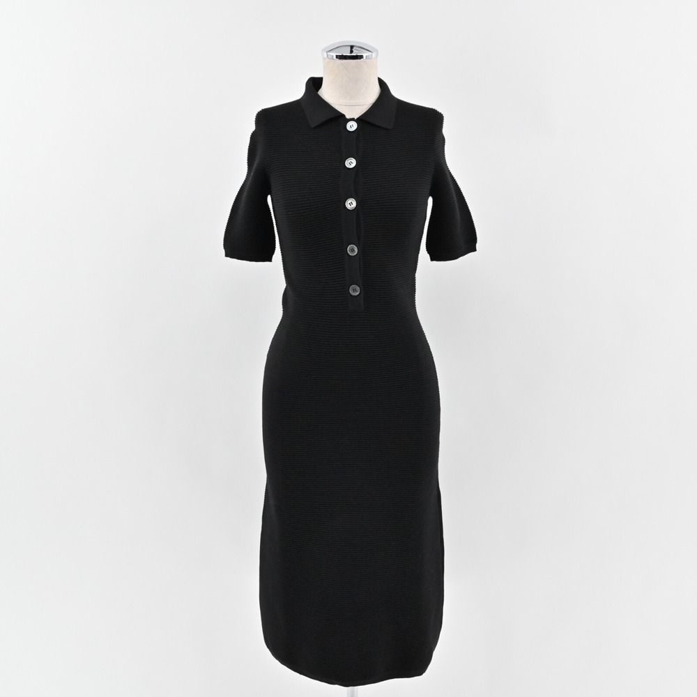 TRUSSARDI Ribbed Dress Size XS Tru Black Button Detail Fitted Stretch Midi‎